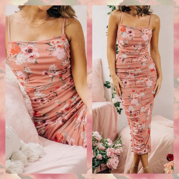 🌺SALE FLORAL MESH BODYCON MIDI DRESS - Picture 2 of 9